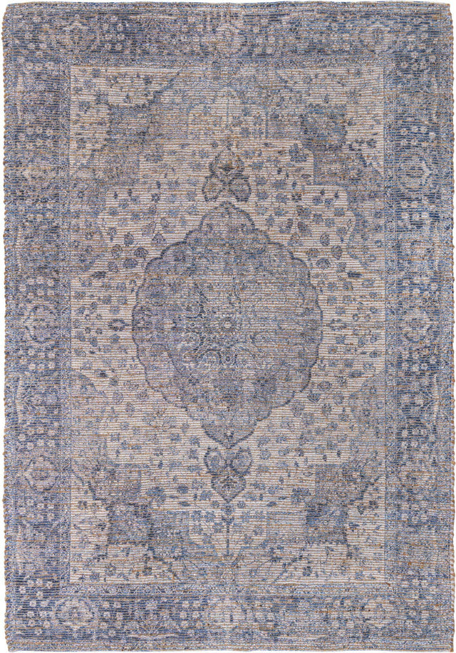 Blue 6' 1 x 9' Chenille Jute Rectangle Area Rug Vintage Distressed Boho All Natural Eco-Friendly Sustainable Carpet for Living Dining Office Dorm Rooms for Sale at Rug Engine
