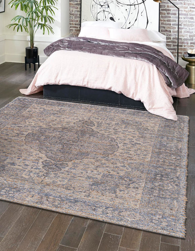 Blue 7' 10 x 7' 10 Chenille Jute Square Area Rug Vintage Distressed Boho All Natural Eco-Friendly Sustainable Carpet for Living Dining Office Dorm Rooms for Sale at Rug Engine
