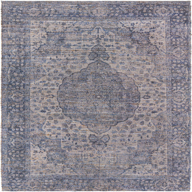 Blue 7' 10 x 7' 10 Chenille Jute Square Area Rug Vintage Distressed Boho All Natural Eco-Friendly Sustainable Carpet for Living Dining Office Dorm Rooms for Sale at Rug Engine