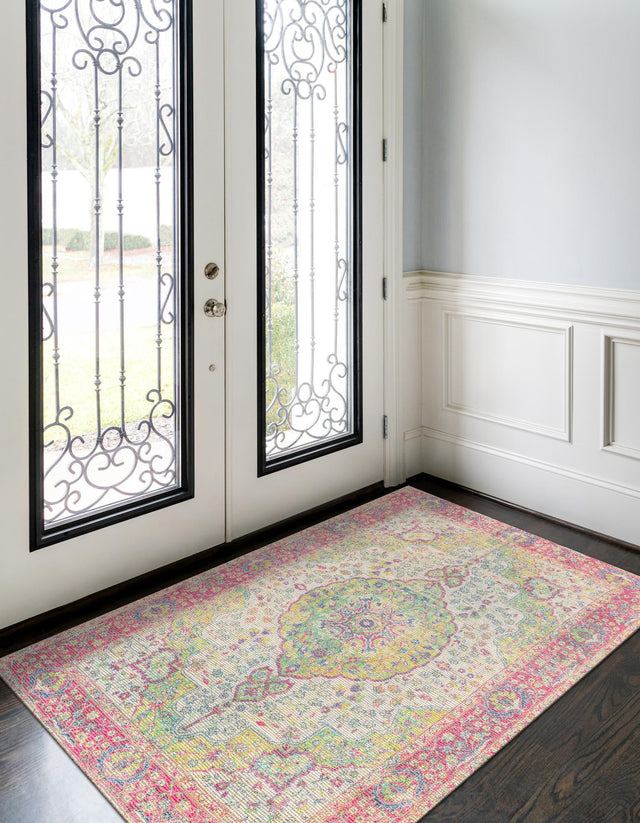 Ivory Pink 2' x 3' 1 Chenille Jute Rectangle Area Rug Vintage Distressed Boho All Natural Eco-Friendly Sustainable Carpet for Living Dining Office Dorm Rooms for Sale at Rug Engine