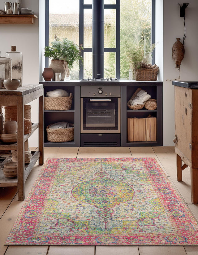 Ivory Pink 5' 3 x 8' Chenille Jute Rectangle Area Rug Vintage Distressed Boho All Natural Eco-Friendly Sustainable Carpet for Living Dining Office Dorm Rooms for Sale at Rug Engine