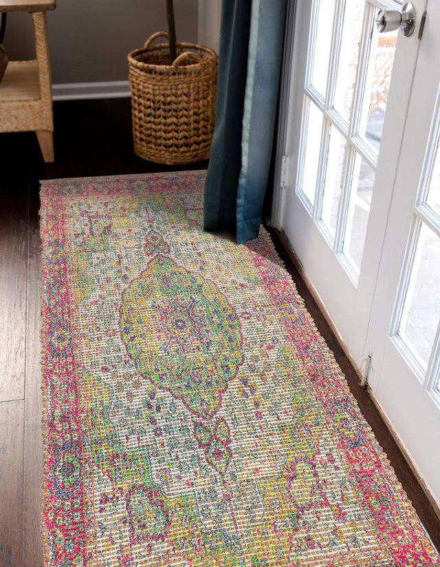 Ivory Pink 2' 2 x 8' Chenille Jute Runner Area Rug Vintage Distressed Boho All Natural Eco-Friendly Sustainable Carpet for Living Dining Office Dorm Rooms for Sale at Rug Engine