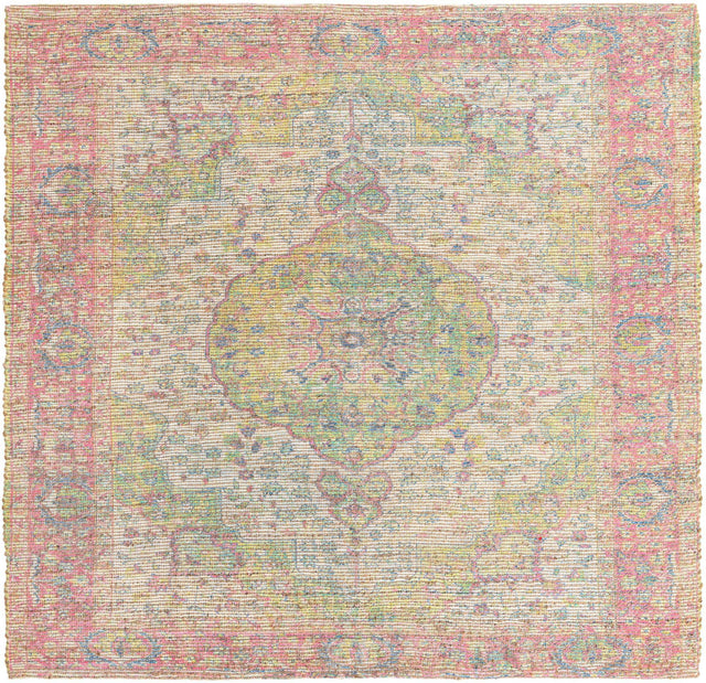Ivory Pink 7' 10 x 7' 10 Chenille Jute Square Area Rug Vintage Distressed Boho All Natural Eco-Friendly Sustainable Carpet for Living Dining Office Dorm Rooms for Sale at Rug Engine