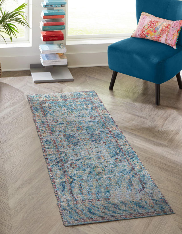 Teal blue 2' 2 x 8' Chenille Jute Runner Area Rug Vintage Distressed Boho All Natural Eco-Friendly Sustainable Carpet for Living Dining Office Dorm Rooms for Sale at Rug Engine