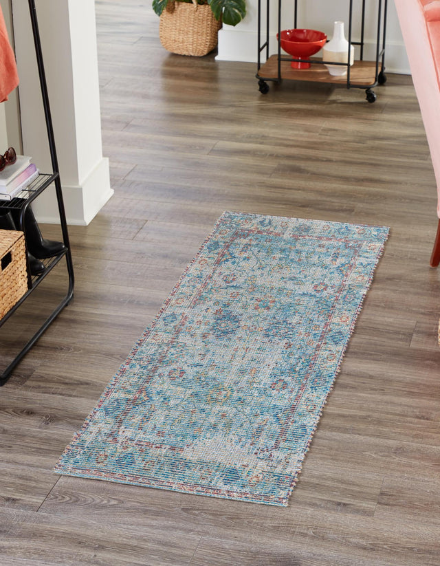 Teal blue 2' 2 x 8' Chenille Jute Runner Area Rug Vintage Distressed Boho All Natural Eco-Friendly Sustainable Carpet for Living Dining Office Dorm Rooms for Sale at Rug Engine