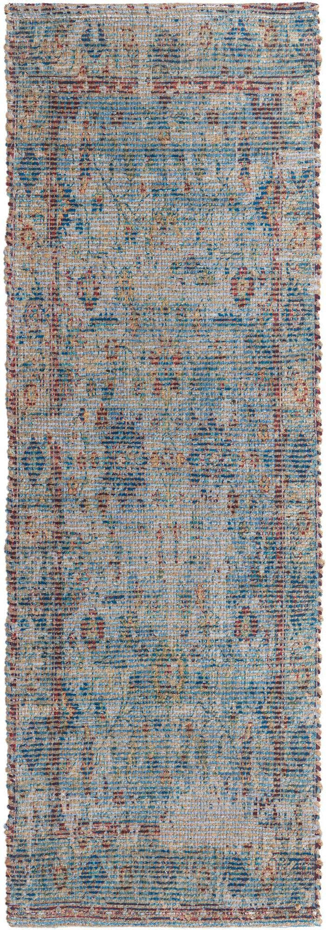 Teal blue 2' 2 x 6' 1 Chenille Jute Runner Area Rug Vintage Distressed Boho All Natural Eco-Friendly Sustainable Carpet for Living Dining Office Dorm Rooms for Sale at Rug Engine