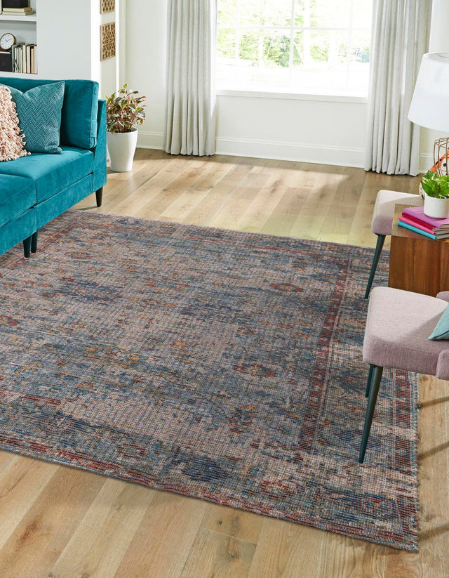 Teal blue 7' 10 x 7' 10 Chenille Jute Square Area Rug Vintage Distressed Boho All Natural Eco-Friendly Sustainable Carpet for Living Dining Office Dorm Rooms for Sale at Rug Engine