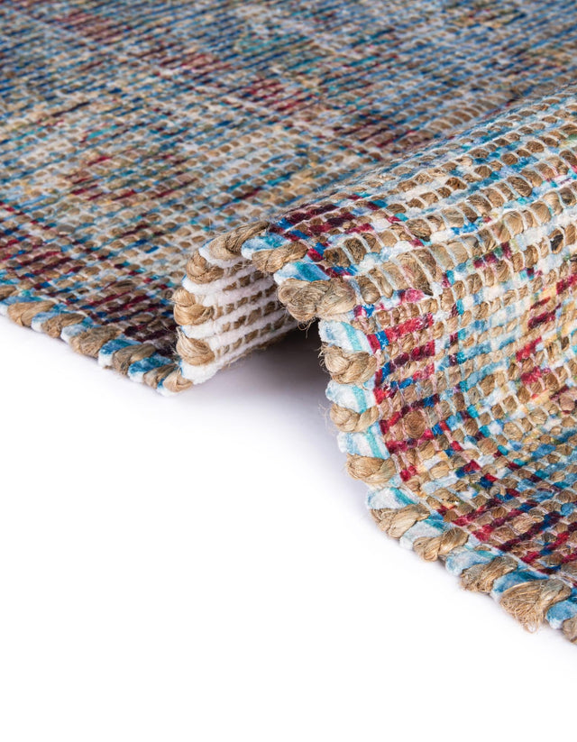 Teal blue 7' 10 x 7' 10 Chenille Jute Square Area Rug Vintage Distressed Boho All Natural Eco-Friendly Sustainable Carpet for Living Dining Office Dorm Rooms for Sale at Rug Engine
