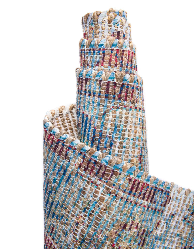 Teal blue 7' 10 x 7' 10 Chenille Jute Square Area Rug Vintage Distressed Boho All Natural Eco-Friendly Sustainable Carpet for Living Dining Office Dorm Rooms for Sale at Rug Engine