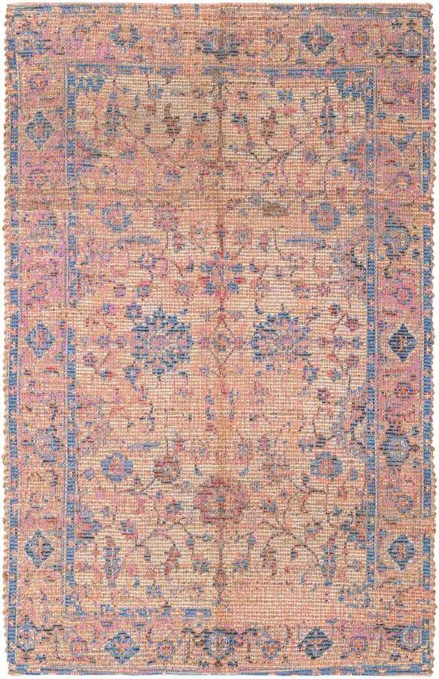 Peach pink 4' 1 x 6' 1 Chenille Jute Rectangle Area Rug Vintage Distressed Boho All Natural Eco-Friendly Sustainable Carpet for Living Dining Office Dorm Rooms for Sale at Rug Engine