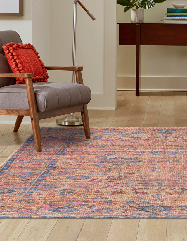Peach pink 7' 10 x 7' 10 Chenille Jute Square Area Rug Vintage Distressed Boho All Natural Eco-Friendly Sustainable Carpet for Living Dining Office Dorm Rooms for Sale at Rug Engine