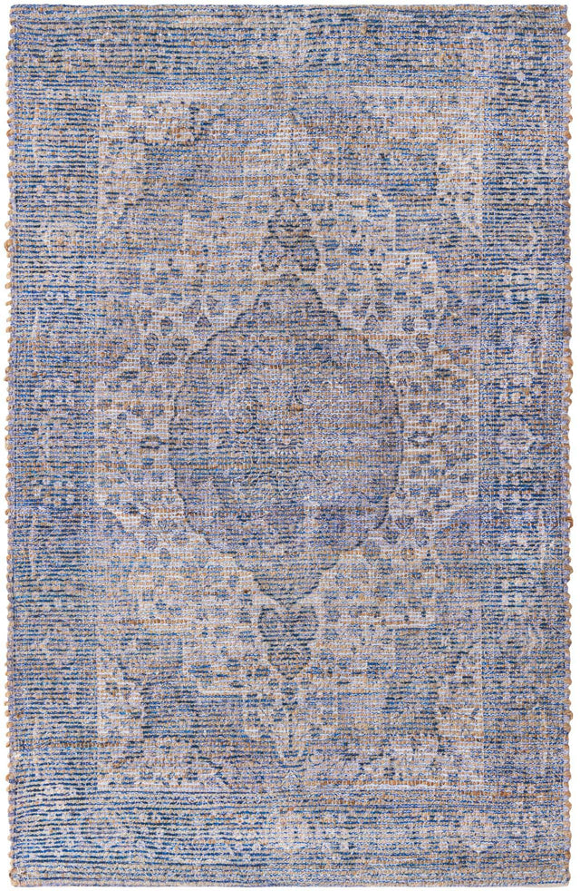 Blue 4' 1 x 6' 1 Chenille Jute Rectangle Area Rug Vintage Distressed Boho All Natural Eco-Friendly Sustainable Carpet for Living Dining Office Dorm Rooms for Sale at Rug Engine