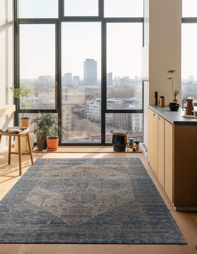 Blue 9' x 12' Chenille Jute Rectangle Area Rug Vintage Distressed Boho All Natural Eco-Friendly Sustainable Carpet for Living Dining Office Dorm Rooms for Sale at Rug Engine