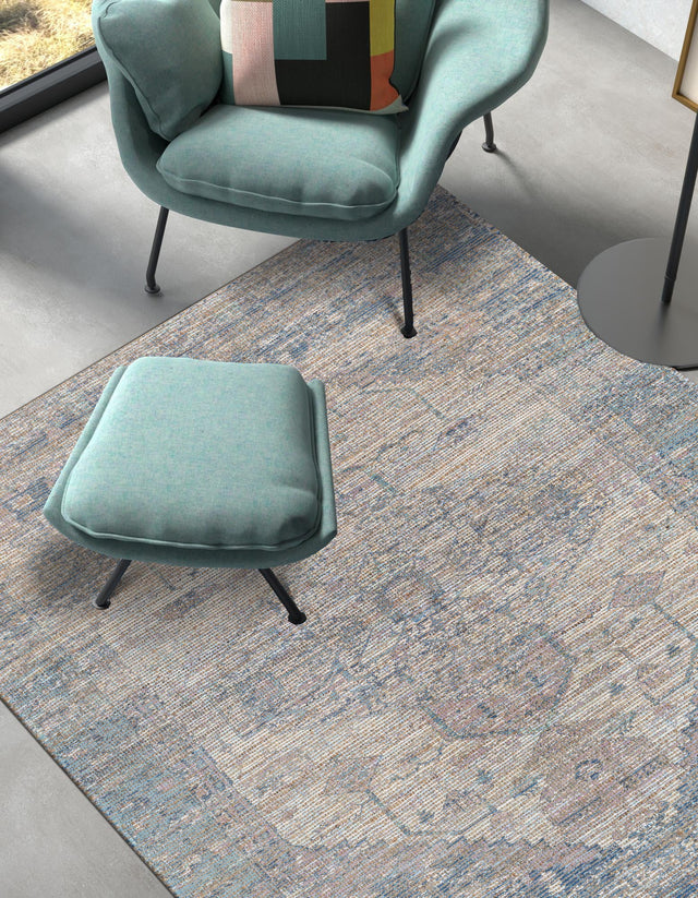 Blue 4' 1 x 6' 1 Chenille Jute Rectangle Area Rug Vintage Distressed Boho All Natural Eco-Friendly Sustainable Carpet for Living Dining Office Dorm Rooms for Sale at Rug Engine