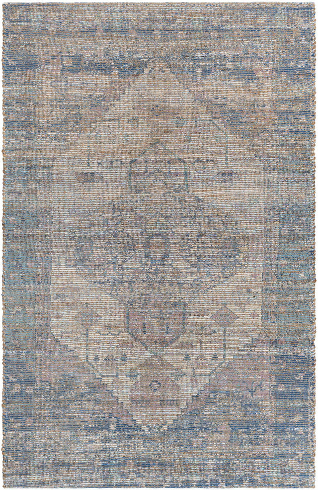 Blue 5' 3 x 8' Chenille Jute Rectangle Area Rug Vintage Distressed Boho All Natural Eco-Friendly Sustainable Carpet for Living Dining Office Dorm Rooms for Sale at Rug Engine