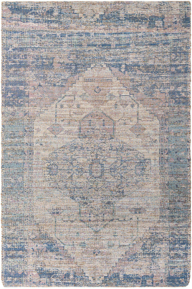 Blue 6' 1 x 9' Chenille Jute Rectangle Area Rug Vintage Distressed Boho All Natural Eco-Friendly Sustainable Carpet for Living Dining Office Dorm Rooms for Sale at Rug Engine