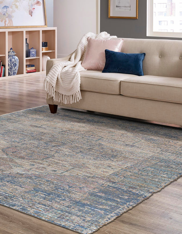 Blue 7' 10 x 7' 10 Chenille Jute Square Area Rug Vintage Distressed Boho All Natural Eco-Friendly Sustainable Carpet for Living Dining Office Dorm Rooms for Sale at Rug Engine