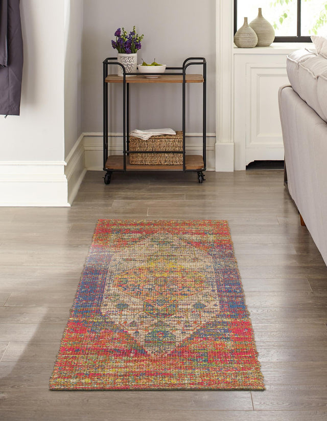 Multicolor 2' 2 x 6' 1 Chenille Jute Runner Area Rug Vintage Distressed Boho All Natural Eco-Friendly Sustainable Carpet for Living Dining Office Dorm Rooms for Sale at Rug Engine