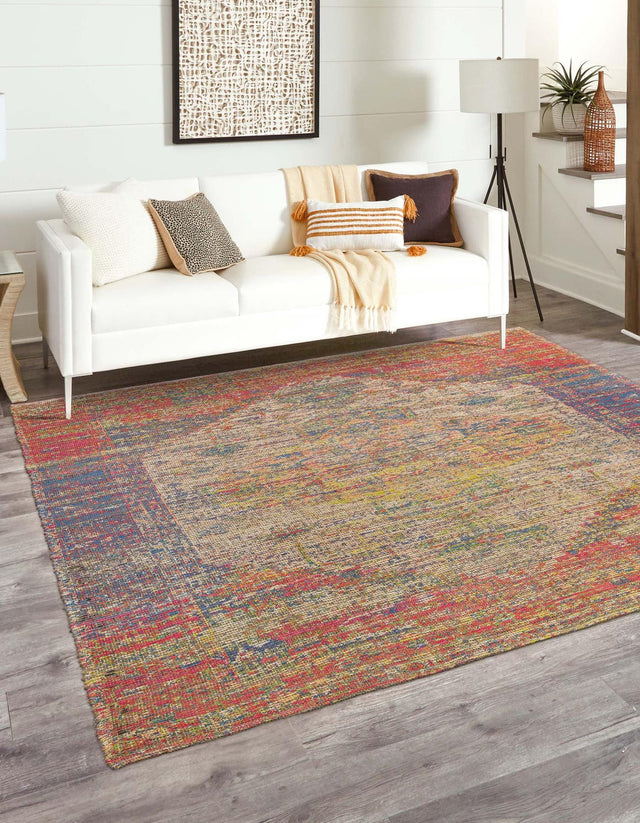 Multicolor 7' 10 x 7' 10 Chenille Jute Square Area Rug Vintage Distressed Boho All Natural Eco-Friendly Sustainable Carpet for Living Dining Office Dorm Rooms for Sale at Rug Engine