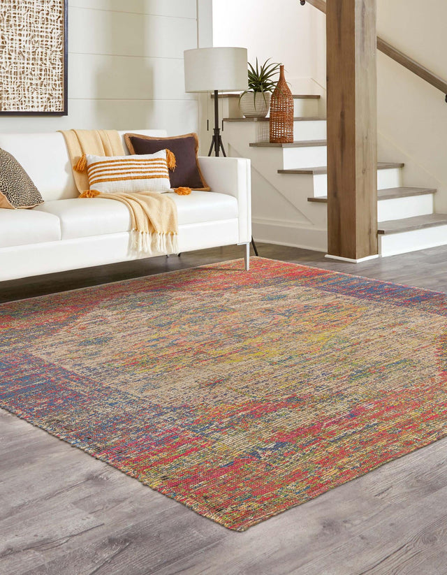Multicolor 7' 10 x 7' 10 Chenille Jute Square Area Rug Vintage Distressed Boho All Natural Eco-Friendly Sustainable Carpet for Living Dining Office Dorm Rooms for Sale at Rug Engine