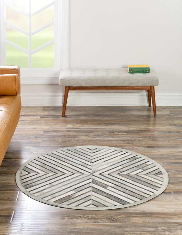 Authentic Luxury Gray Ivory 7' 10 x 7' 10 Cowhide Leather Round Area Rug Modern Interior Design 100% Real Natural Cowhide Carpet for Designer Home Decor for Sale at Rug Engine