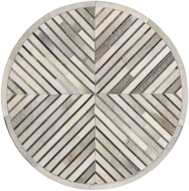 Authentic Luxury Gray Ivory 4' 1 x 4' 1 Cowhide Leather Round Area Rug Modern Interior Design 100% Real Natural Cowhide Carpet for Designer Home Decor for Sale at Rug Engine
