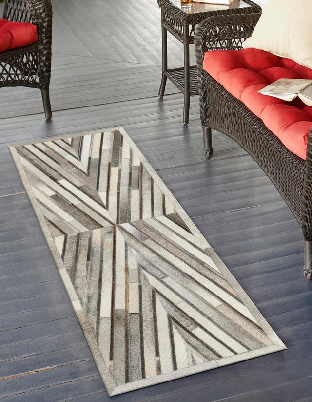 Authentic Luxury Gray Ivory 2' 2 x 8' Cowhide Leather Runner Area Rug Modern Interior Design 100% Real Natural Cowhide Carpet for Designer Home Decor for Sale at Rug Engine