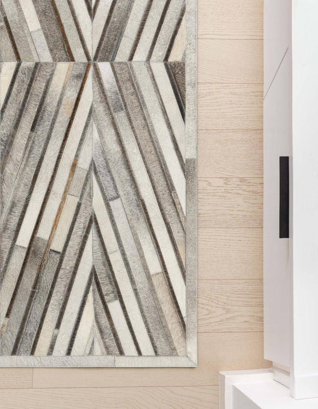 Authentic Luxury Gray Ivory 2' 2 x 8' Cowhide Leather Runner Area Rug Modern Interior Design 100% Real Natural Cowhide Carpet for Designer Home Decor for Sale at Rug Engine