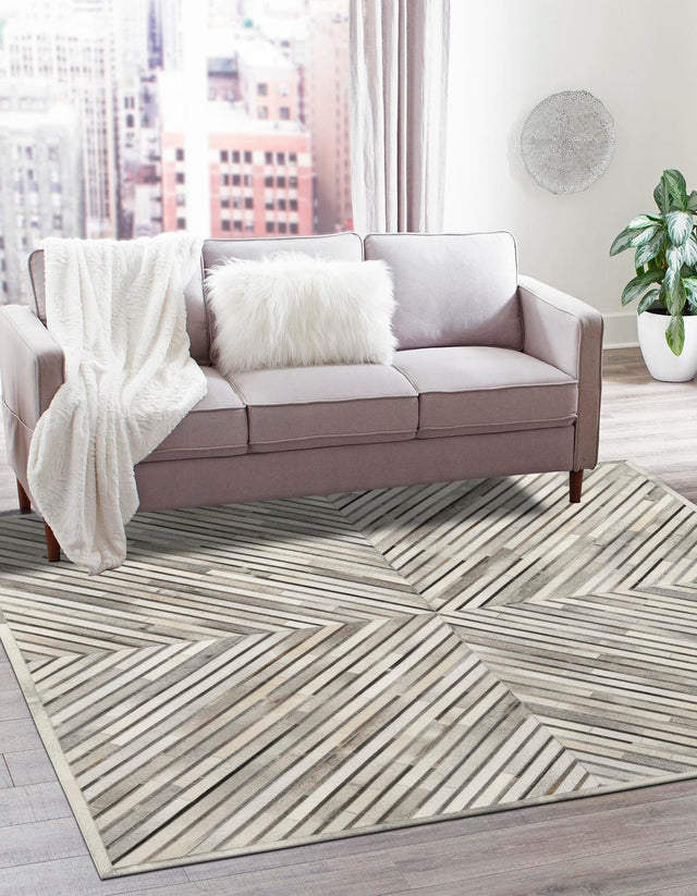 Authentic Luxury Gray Ivory 7' 10 x 7' 10 Cowhide Leather Square Area Rug Modern Interior Design 100% Real Natural Cowhide Carpet for Designer Home Decor for Sale at Rug Engine