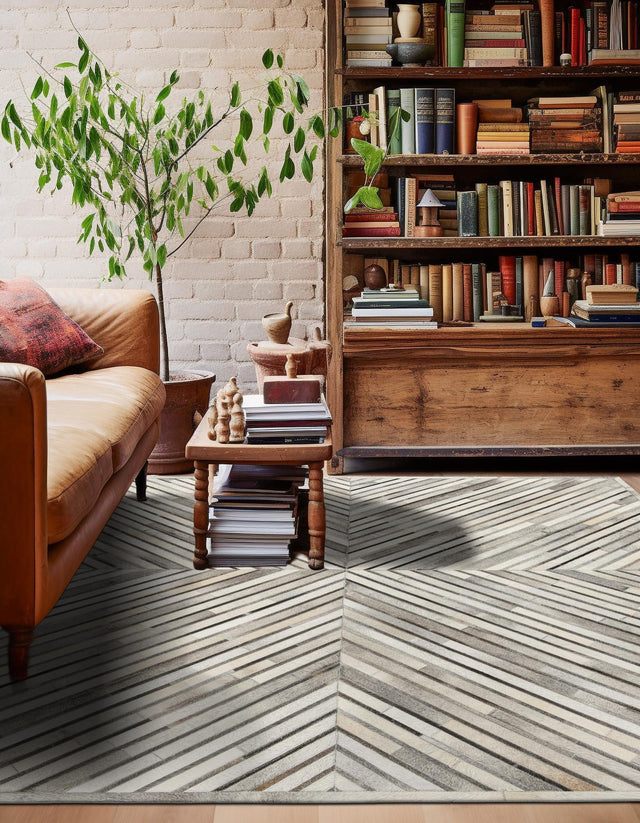 Authentic Luxury Gray Ivory 7' 10 x 7' 10 Cowhide Leather Square Area Rug Modern Interior Design 100% Real Natural Cowhide Carpet for Designer Home Decor for Sale at Rug Engine