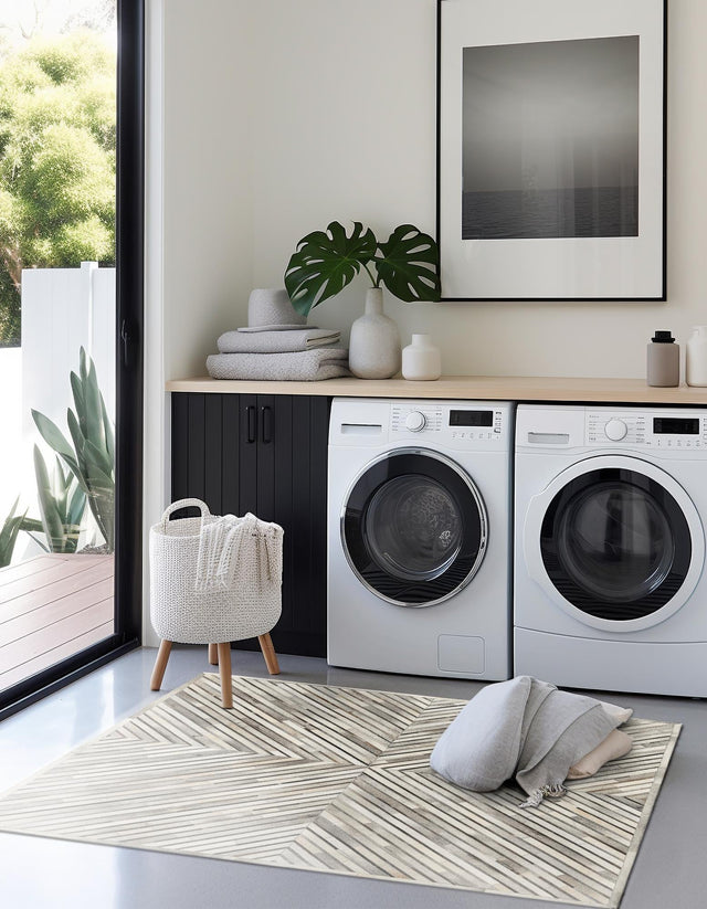 Authentic Luxury Gray Ivory 7' 10 x 7' 10 Cowhide Leather Square Area Rug Modern Interior Design 100% Real Natural Cowhide Carpet for Designer Home Decor for Sale at Rug Engine