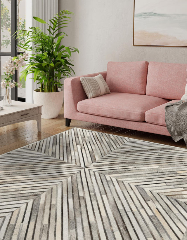 Authentic Luxury Gray Ivory 7' 10 x 7' 10 Cowhide Leather Square Area Rug Modern Interior Design 100% Real Natural Cowhide Carpet for Designer Home Decor for Sale at Rug Engine