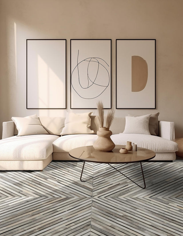 Authentic Luxury Gray Ivory 7' 10 x 7' 10 Cowhide Leather Square Area Rug Modern Interior Design 100% Real Natural Cowhide Carpet for Designer Home Decor for Sale at Rug Engine