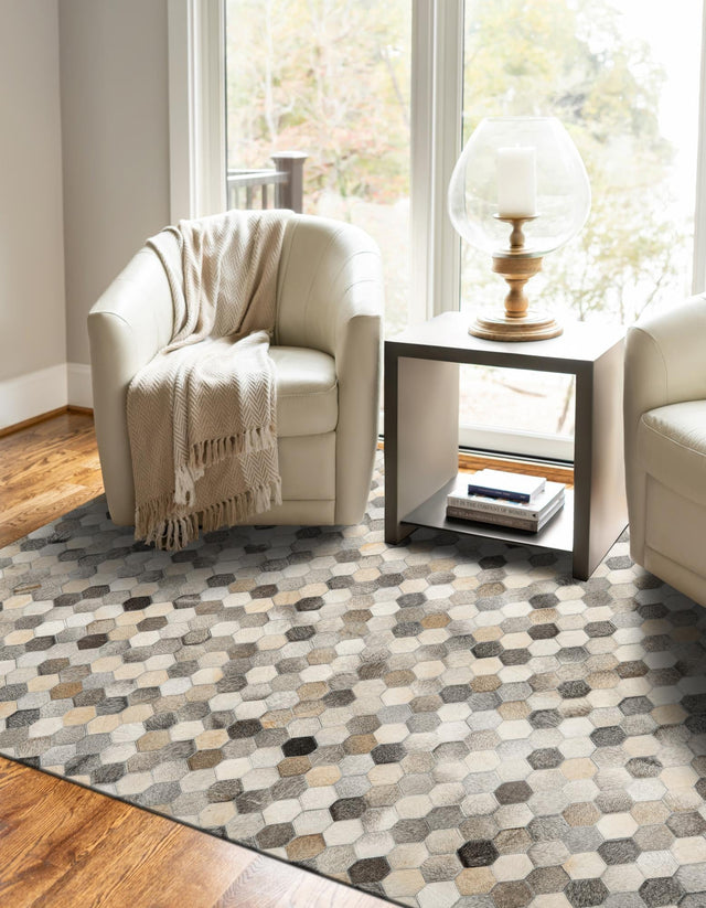 Authentic Luxury Ivory Gray 7' 10 x 10' Cowhide Leather Rectangle Area Rug Modern Interior Design 100% Real Natural Cowhide Carpet for Designer Home Decor for Sale at Rug Engine