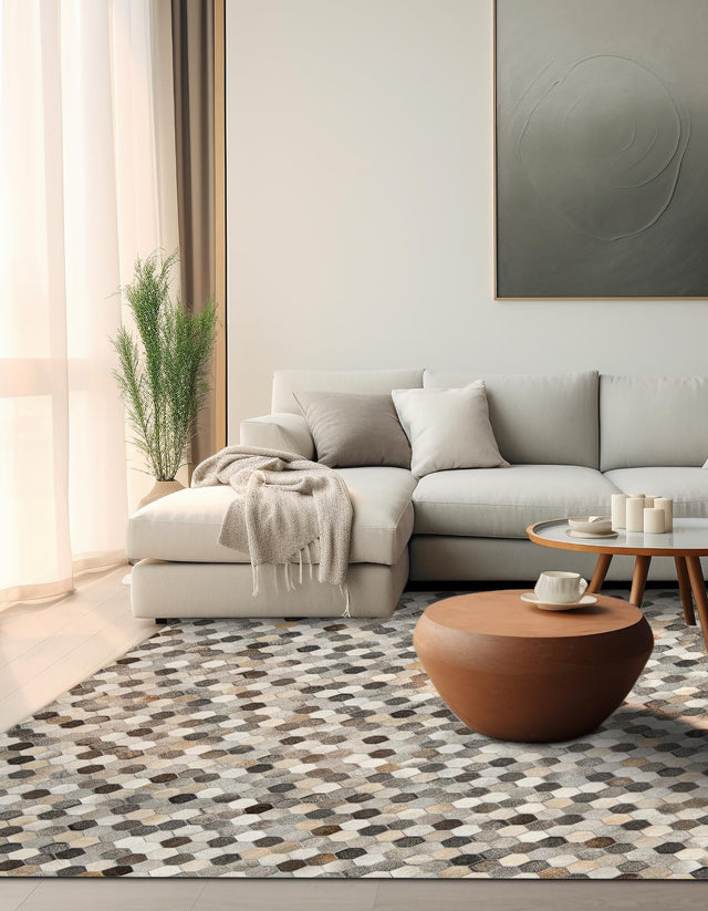 Authentic Luxury Ivory Gray 7' 10 x 7' 10 Cowhide Leather Square Area Rug Modern Interior Design 100% Real Natural Cowhide Carpet for Designer Home Decor for Sale at Rug Engine