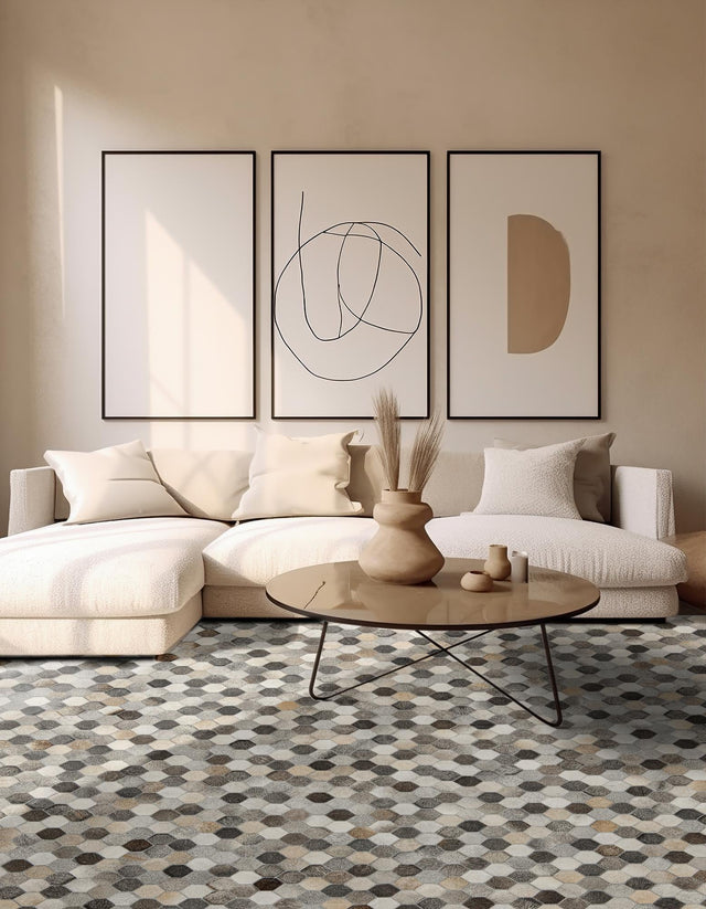 Authentic Luxury Ivory Gray 7' 10 x 7' 10 Cowhide Leather Square Area Rug Modern Interior Design 100% Real Natural Cowhide Carpet for Designer Home Decor for Sale at Rug Engine