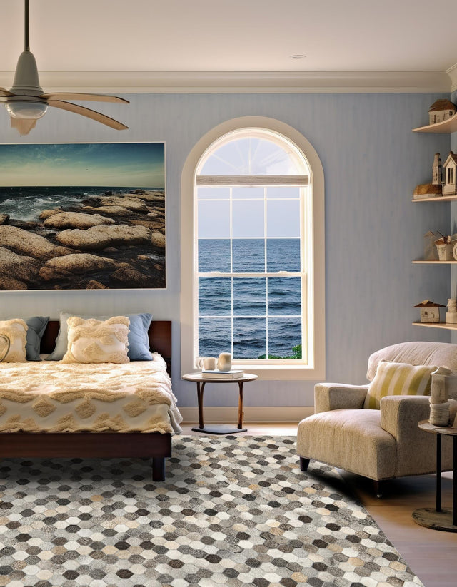 Authentic Luxury Ivory Gray 7' 10 x 7' 10 Cowhide Leather Square Area Rug Modern Interior Design 100% Real Natural Cowhide Carpet for Designer Home Decor for Sale at Rug Engine