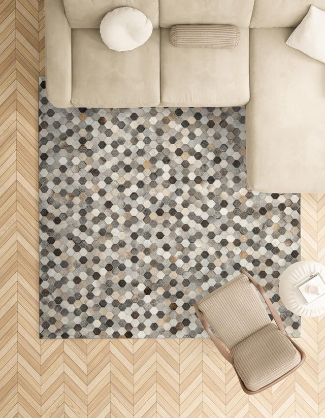 Authentic Luxury Ivory Gray 7' 10 x 7' 10 Cowhide Leather Square Area Rug Modern Interior Design 100% Real Natural Cowhide Carpet for Designer Home Decor for Sale at Rug Engine