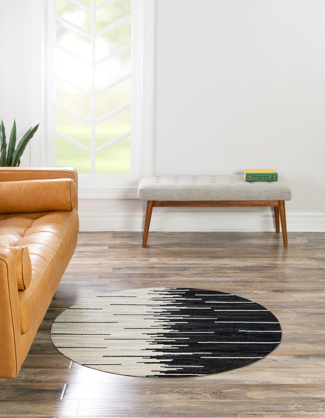 Authentic Luxury Black White 4' 1 x 4' 1 Cowhide Leather Round Area Rug Modern Interior Design 100% Real Natural Cowhide Carpet for Designer Home Decor for Sale at Rug Engine