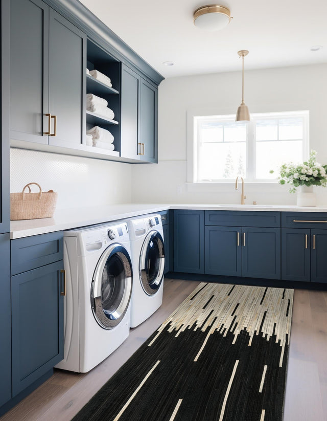 Authentic Luxury Black White 2' 2 x 8' Cowhide Leather Runner Area Rug Modern Interior Design 100% Real Natural Cowhide Carpet for Designer Home Decor for Sale at Rug Engine