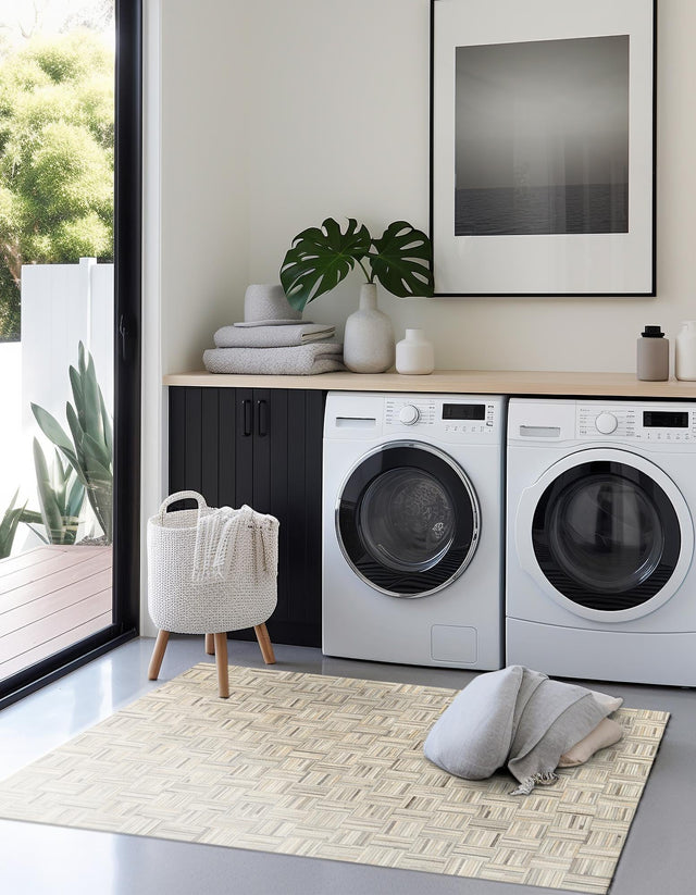 Authentic Luxury Light Brown Ivory 7' 10 x 7' 10 Cowhide Leather Square Area Rug Modern Interior Design 100% Real Natural Cowhide Carpet for Designer Home Decor for Sale at Rug Engine