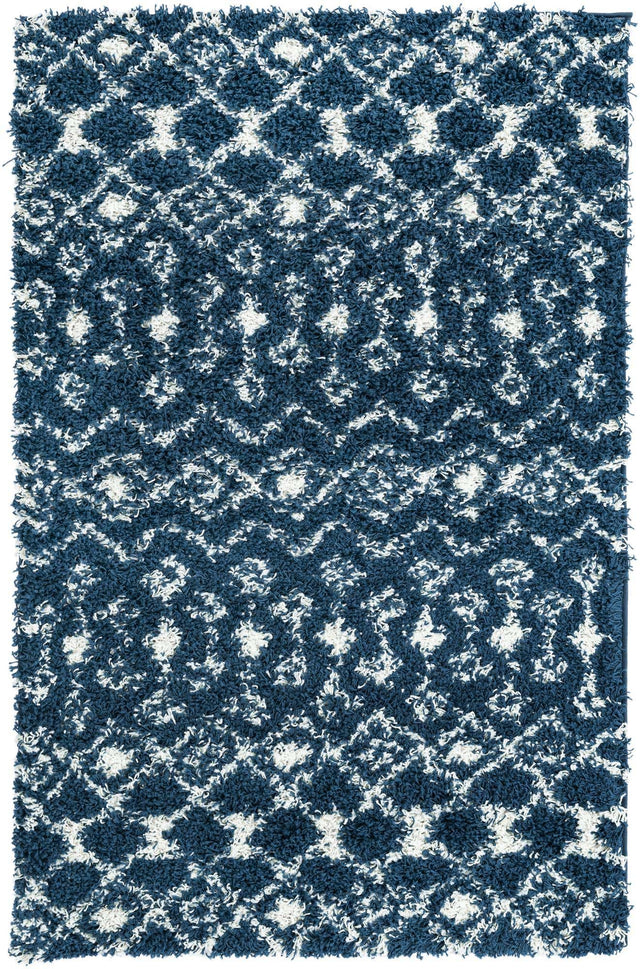 Navy Blue 4' 1 x 6' 1 Moroccan Trellis Shag Rectangle Area Rug Thick Soft Touch Fluffy & Plush Shaggy Pile 100% Polypropylene Geometric Traditional Carpet for Sale at Rug Engine