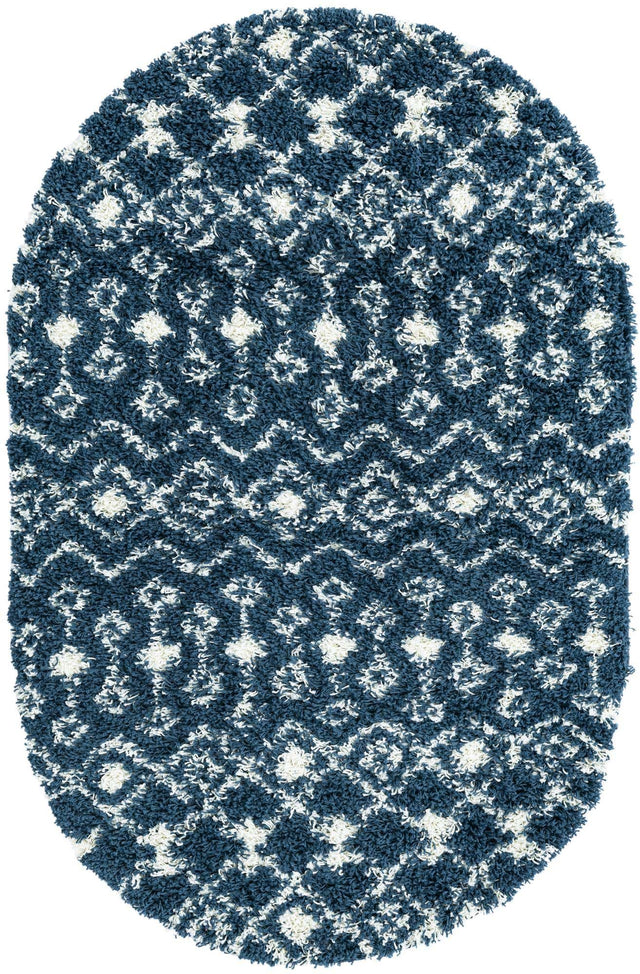 Navy Blue 4' 1 x 6' 1 Moroccan Trellis Shag Oval Area Rug Thick Soft Touch Fluffy & Plush Shaggy Pile 100% Polypropylene Geometric Traditional Carpet for Sale at Rug Engine