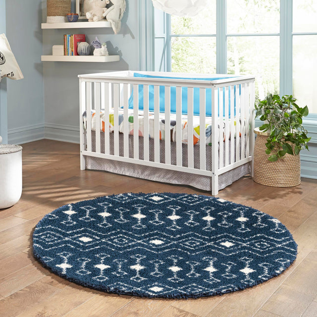 Navy Blue 5' 3 x 5' 3 Moroccan Trellis Shag Round Area Rug Thick Soft Touch Fluffy & Plush Shaggy Pile 100% Polypropylene Geometric Traditional Carpet for Sale at Rug Engine