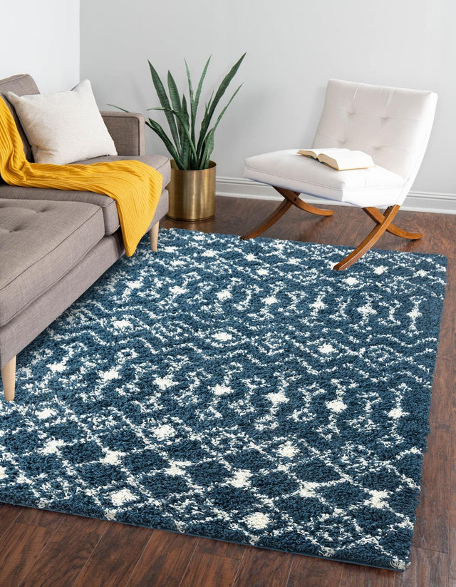 Navy Blue 10' x 14' 1 Moroccan Trellis Shag Rectangle Area Rug Thick Soft Touch Fluffy & Plush Shaggy Pile 100% Polypropylene Geometric Traditional Carpet for Sale at Rug Engine