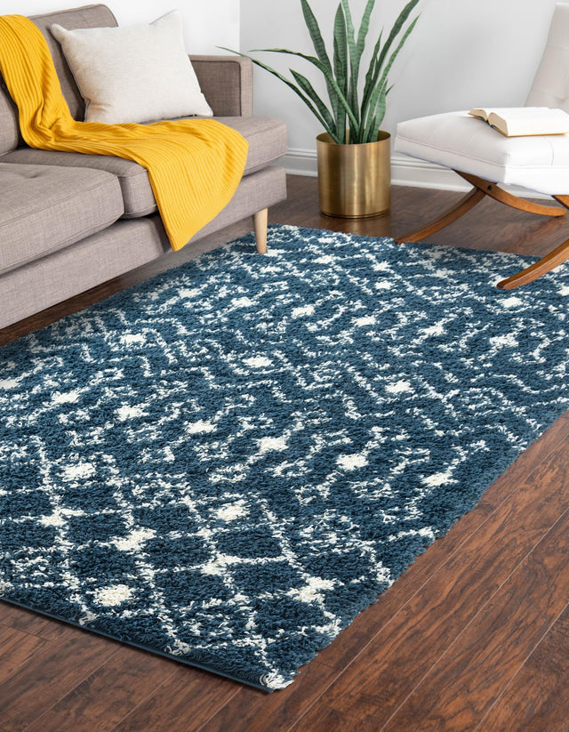 Navy Blue 10' x 14' 1 Moroccan Trellis Shag Rectangle Area Rug Thick Soft Touch Fluffy & Plush Shaggy Pile 100% Polypropylene Geometric Traditional Carpet for Sale at Rug Engine
