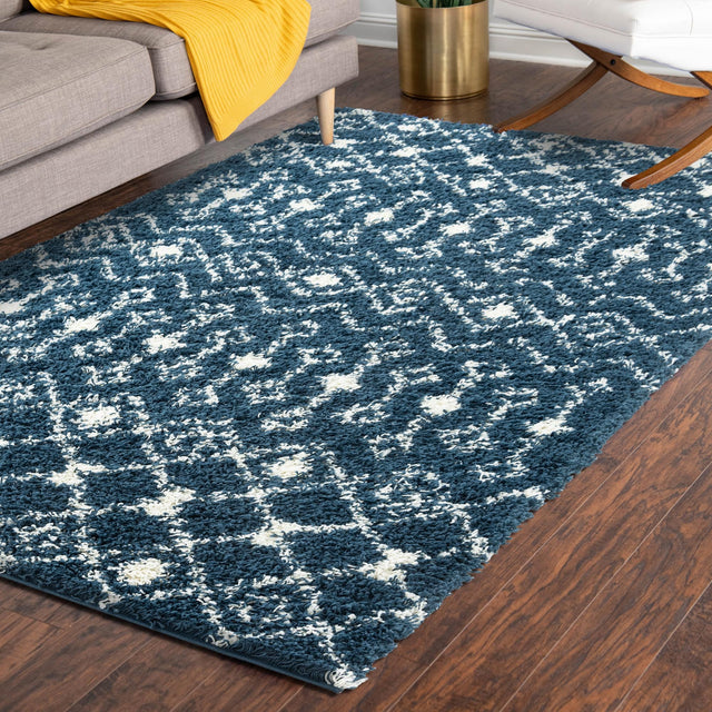 Navy Blue 5' 3 x 8' Moroccan Trellis Shag Rectangle Area Rug Thick Soft Touch Fluffy & Plush Shaggy Pile 100% Polypropylene Geometric Traditional Carpet for Sale at Rug Engine