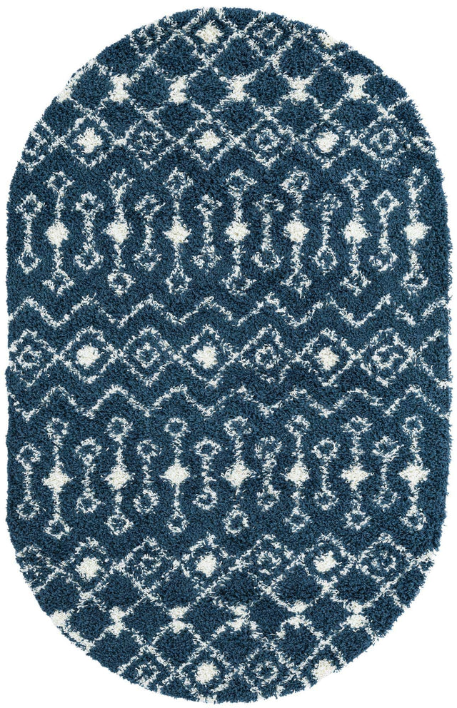 Navy Blue 5' 3 x 8' Moroccan Trellis Shag Oval Area Rug Thick Soft Touch Fluffy & Plush Shaggy Pile 100% Polypropylene Geometric Traditional Carpet for Sale at Rug Engine