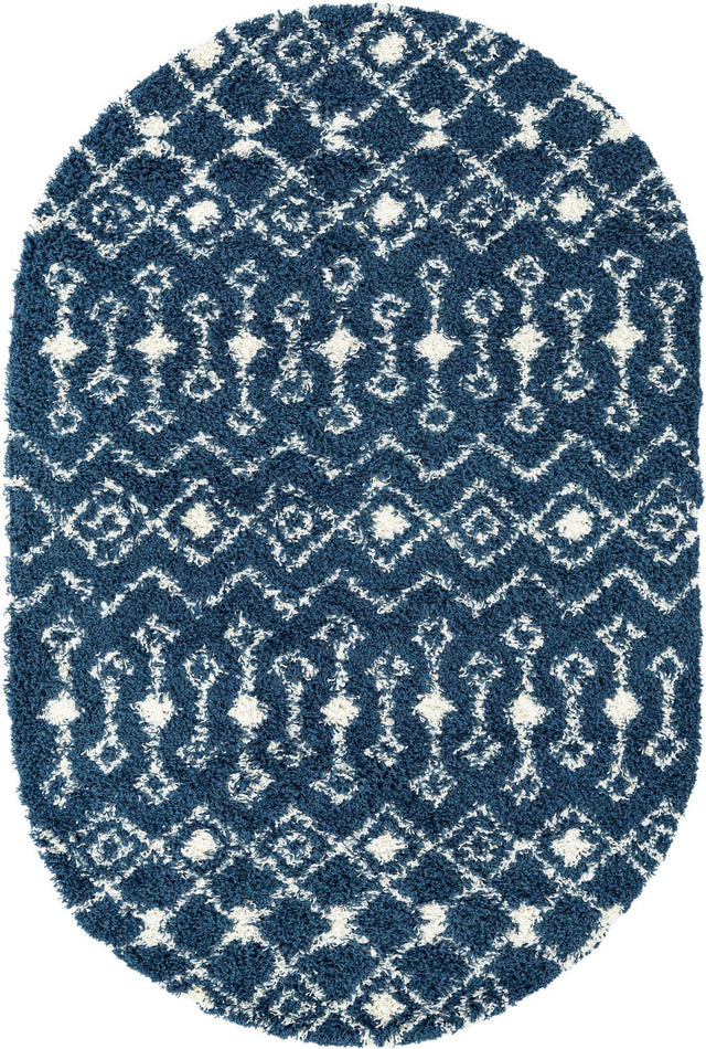Navy Blue 6' 1 x 9' Moroccan Trellis Shag Oval Area Rug Thick Soft Touch Fluffy & Plush Shaggy Pile 100% Polypropylene Geometric Traditional Carpet for Sale at Rug Engine