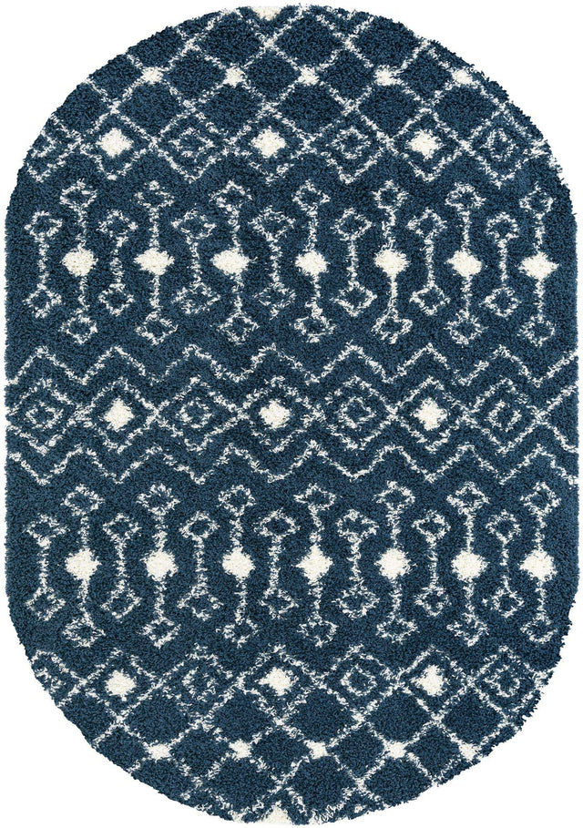 Navy Blue 7' 1 x 10' Moroccan Trellis Shag Oval Area Rug Thick Soft Touch Fluffy & Plush Shaggy Pile 100% Polypropylene Geometric Traditional Carpet for Sale at Rug Engine